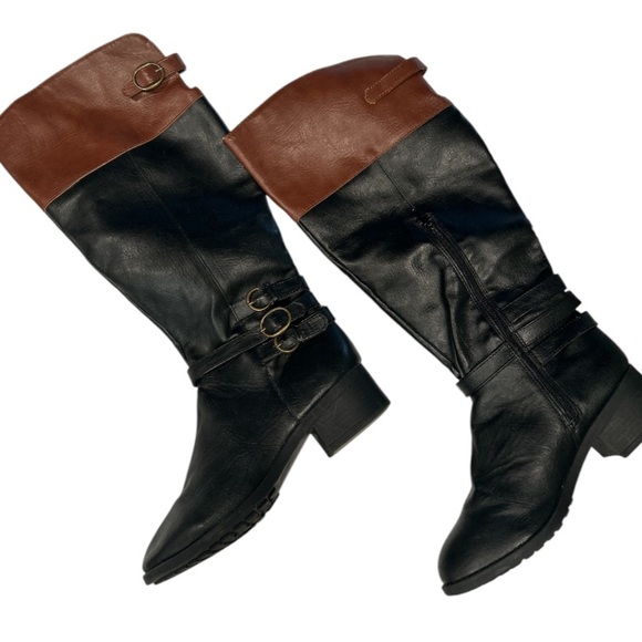 Two toned Black and brown faux leather knee high boots, size 6.5 with buckles. - Picture 2 of 8